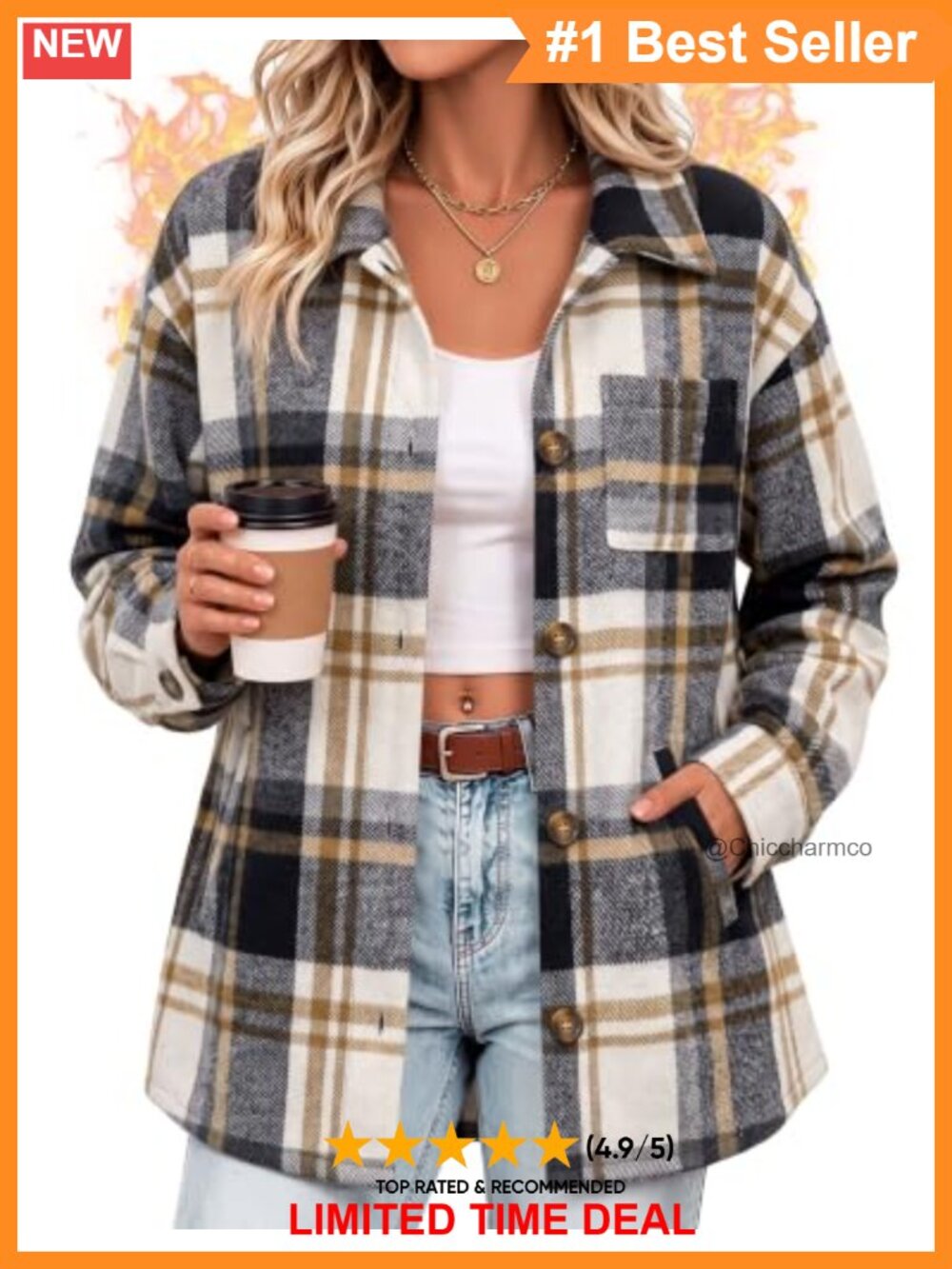 Women Flannel Plaid Shacket Oversized Long Sleeve Button Jacket